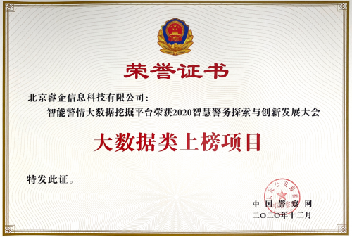 睿企科技上榜2020年度智慧警务大数据类项目